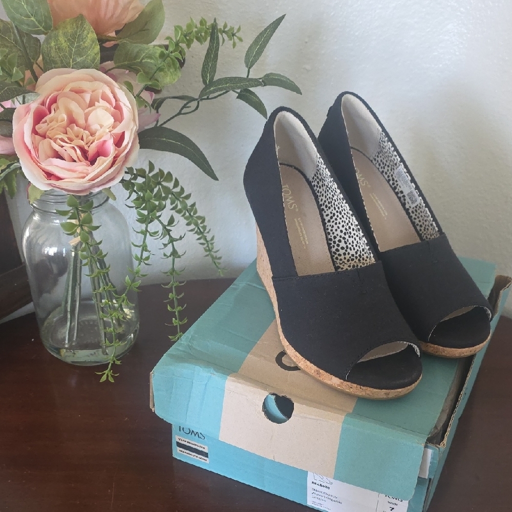 Toms Black Peep-Toe Cork Wedges - Picture 2 of 5